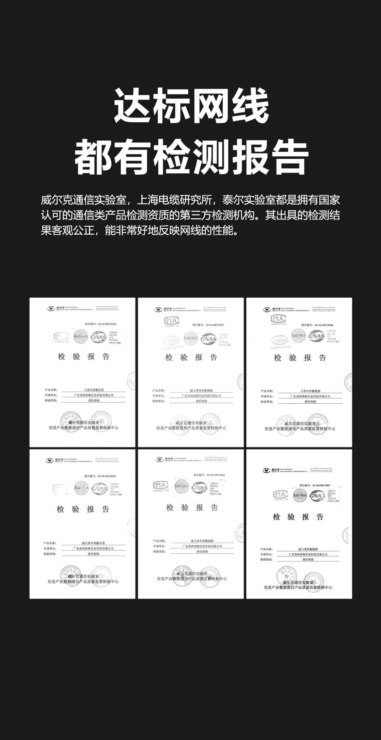 达标网线都有检测报告 威尔克通信实验室，上海电缆研究所，泰尔实验室都是拥有国家认可的通信类产品检测资质的第三方检测机构。其出具的检测结果客观公正，能非常好地反映网线的性能。